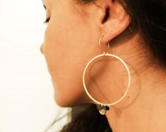 Large silver hoop earrings with circle dangle discs, Boho style silver hoop earrings, Hammered silver hoops, Womens unique hoop earrings