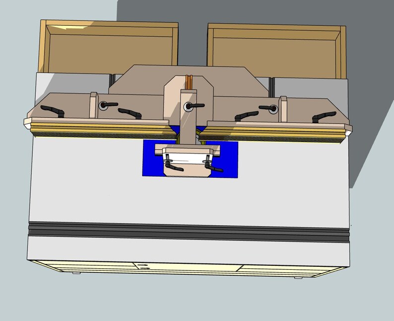 May include: Overhead view of a woodworking router table with a router bit installed and a blue base. The table has a wooden top with a groove for a fence and two wooden cabinets on either side.