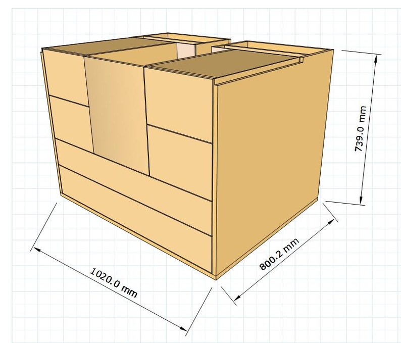 May include: A wooden cabinet with multiple drawers and shelves. The cabinet is 739.0 mm tall, 800.2 mm wide, and 1020.0 mm deep.