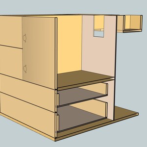 May include: A wooden cabinet with two doors, two shelves, and a small open compartment. The cabinet is made of light brown wood and has a simple design.