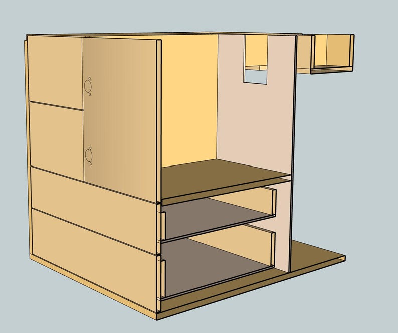 May include: A wooden cabinet with two doors, two shelves, and a small open compartment. The cabinet is made of light brown wood and has a simple design.