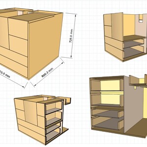 May include: Diagram of a wooden cabinet with shelves and drawers. The cabinet is 73.9 cm tall, 80.2 cm wide, and 102 cm deep.