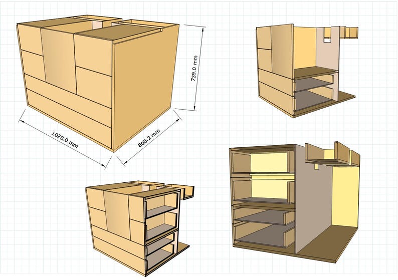 May include: Diagram of a wooden cabinet with shelves and drawers. The cabinet is 73.9 cm tall, 80.2 cm wide, and 102 cm deep.
