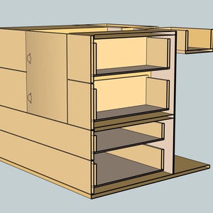 May include: A wooden cabinet with three shelves. The cabinet is made of light brown wood and has a simple design.