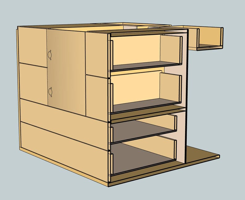 May include: A wooden cabinet with three shelves. The cabinet is made of light brown wood and has a simple design.