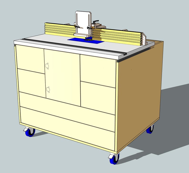 May include: A wooden router table with a white top and a blue router plate. The table has a drawer system and is mounted on four wheels. The router table is designed for woodworking projects.