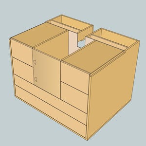 May include: A wooden cabinet with multiple drawers and a door. The cabinet is made of light brown wood and has a simple design.