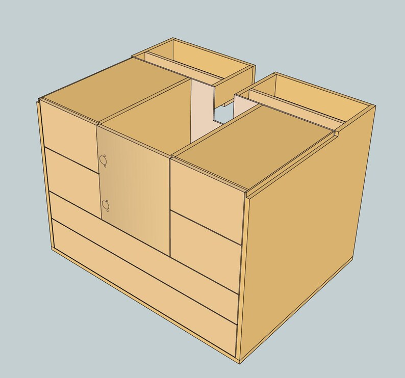 May include: A wooden cabinet with multiple drawers and a door. The cabinet is made of light brown wood and has a simple design.