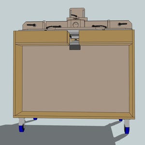 May include: A wooden workbench with a router table mounted on top. The workbench has a drawer and is on wheels. The router table has a clear plastic guard and a metal base.