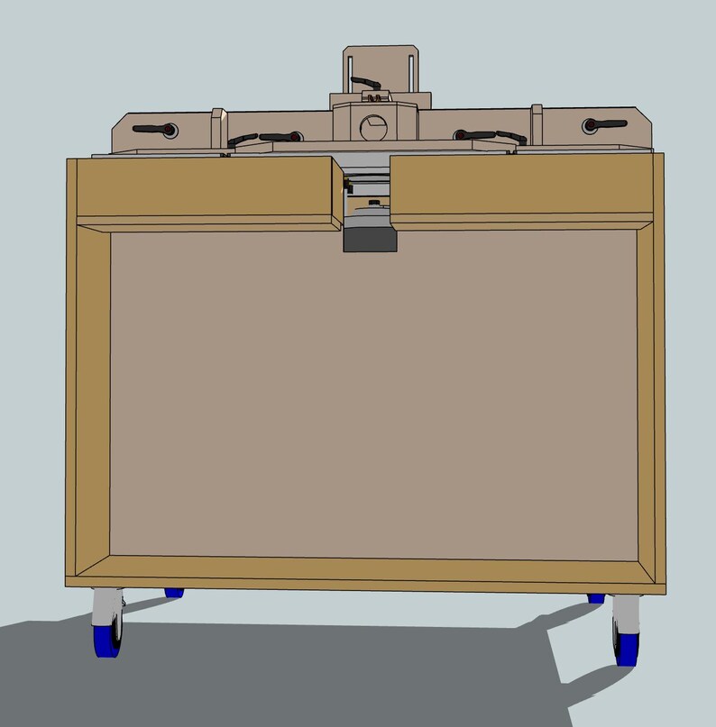 May include: A wooden workbench with a router table mounted on top. The workbench has a drawer and is on wheels. The router table has a clear plastic guard and a metal base.