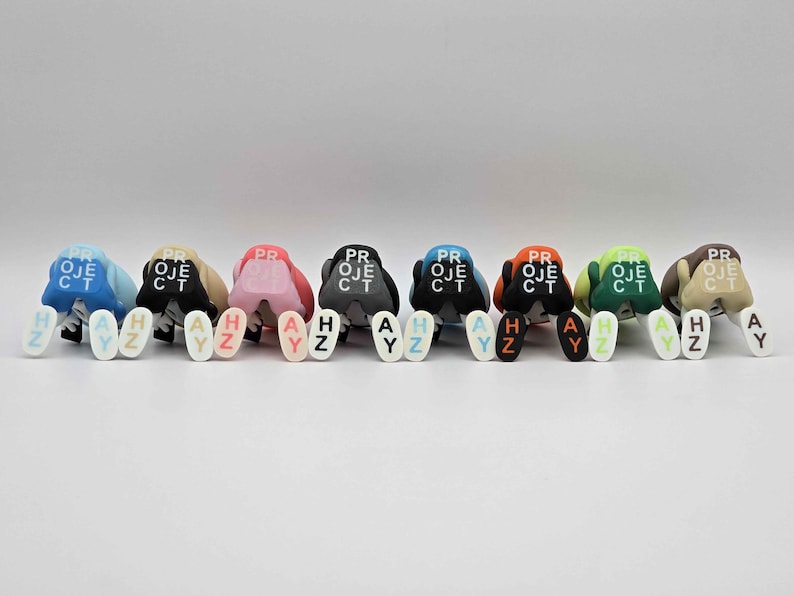 May include: A collection of colorful figurines, each with a unique color scheme and the word "PROJECT" printed on the back. Each figurine has the letters "HAY" and "AYZ" printed on the front. The figurines are arranged in a row.