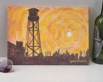 Decoración de pared de la Torre de Agua de Greenpoint, decoración de Nueva York, regalo de Brooklyn Sunset, regalo para nuevo hogar, arte de pared de Airbnb, casa de vacaciones, apartamento en la ciudad, arte callejero