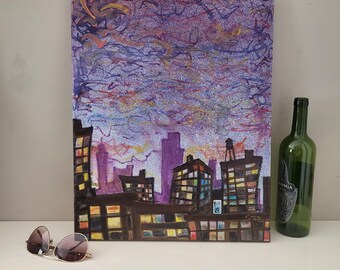 Paisaje urbano, luces de la ciudad por la noche, arte mural para sala de estar, arte del Bronx, pintura del horizonte de Brooklyn, edificios de apartamentos de Nueva York, arte mural del paisaje urbano