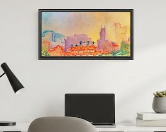 MUSIC CITY pintura original Nashville skyline puesta de sol arte callejero músico pintura regalo de Navidad para amantes de la música nuevo hogar airbnb decoración de pared