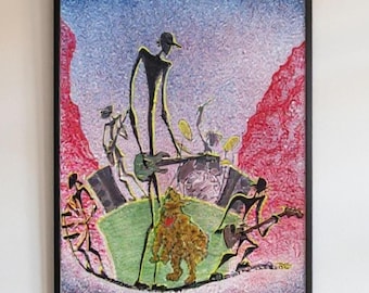 Banda de reggae con figuras de palitos en Red Rocks, impresión giclée de bellas artes, decoración de pared ecológica, regalo para amantes de la música, concierto de reggae de Caliroots en Red Rocks