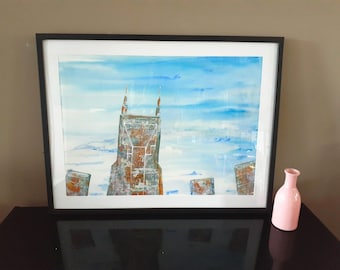 CIUDAD DE LA MÚSICA CIELOS pintura original regalo de boda Nashville Skyline arte regalo para el hogar airbnb Smashville Batman Building arquitectura arte de pared