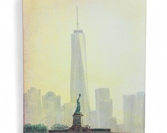 Dame tu pintura original cansada Estatua de la Libertad Arte de pared de Nueva York Arte del atardecer Regalo Río Hudson Ciudad de Nueva York Decoración de pared para el hogar Oficina Regalo