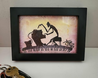 PRENSA Y COMUNICADO Pintura original, pequeño arte de pared, regalo para amantes de la música, arte jazz para decoración de pared de oficina, pintura de piano de Rhodes