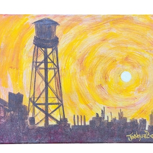 Greenpoint watertoren muur decor NYC decor Brooklyn zonsondergang cadeau nieuw huis cadeau Airbnb muur kunst vakantie huis stad appartement wall street art