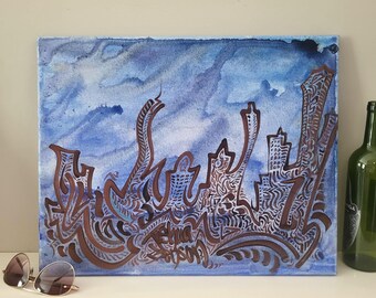 Pintura original de paisaje urbano abstracto, regalo para él, arte abstracto para la oficina en Nueva York, decoración de pared para Airbnb, regalo de arte para apartamento en la ciudad de Nueva York