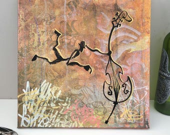 Abstract graffiti original painting bass player for music lover gift for new house wall decor musician wall art original music studio art