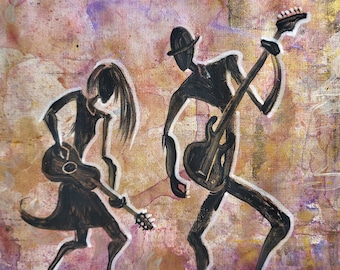 Cuadro original de dúo de guitarras para amantes de la música, regalo para la decoración de la pared de una casa nueva, arte mural para músicos, pareja de guitarristas, arte original, regalo musical