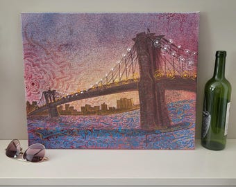 Pintura original de Brooklyn Heights, puesta de sol sobre el puente de Brooklyn, arte callejero de Nueva York, regalo, decoración de pared para oficina en East River, regalo de inauguración de casa.