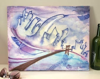 «Swept Away», pintura surrealista original, decoración de pared del paisaje urbano de Nueva York para el hogar o la oficina, arte de la Torre de la Libertad de Nueva York, Wall Street, regalo para apartamento en la ciudad