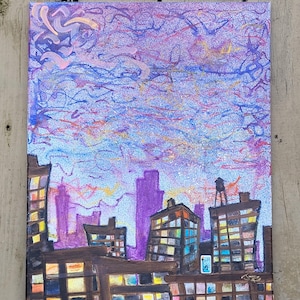 Urban Landscape City Lights at Night wall art for living room Bronx art Brooklyn skyline painting NYC apartment buildings cityscape wall art