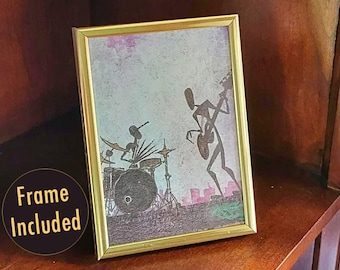 Cuadro metálico de batería y bajo. Pintura de músico de jazz vanguardista. Arte mural musical. Decoración de pared bohemia jazzística. Arte de sesión de improvisación. Regalo para amantes de la música.