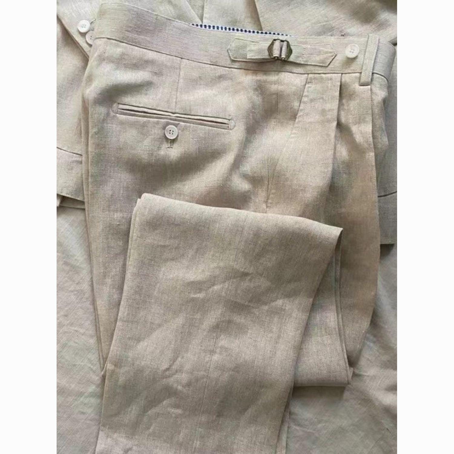 Vintage Gurkha Linen Pants for Men, Regular Fit High Waisted