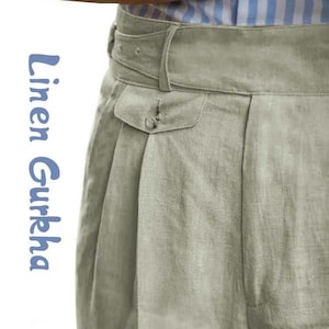Vintage Gurkha Linen Pants For Men, Regular Fit High Waisted Military Trousers With Pleats & Rolled Hem, Retro 1900s Fashion Linen Pockets