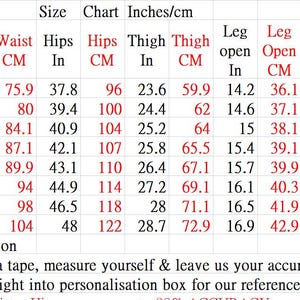 Pu&ograve; includere: Tabella delle taglie dei pantaloni con misure in pollici e centimetri. Mostra le misure di vita, fianchi, coscia e lunghezza, dalla taglia 29 alla 36. Include istruzioni per ordinare la taglia corretta.