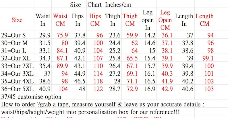 Pu&ograve; includere: Tabella delle taglie dei pantaloni con misure in pollici e centimetri. Mostra le misure di vita, fianchi, coscia e lunghezza, dalla taglia 29 alla 36. Include istruzioni per ordinare la taglia corretta.