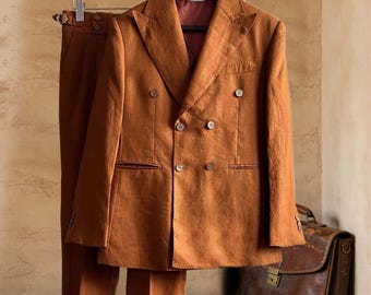 Vintage Gurkha100% Pure Linen Suit: High-Waisted Trousers & Italian Style Jacket.