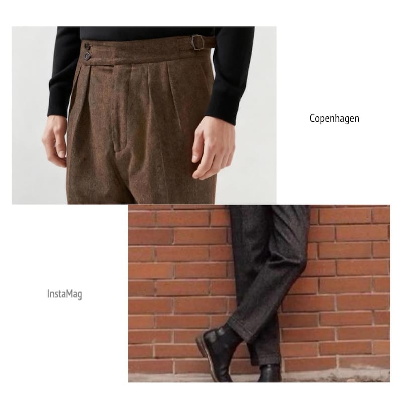 May include: Brown trousers featuring a high-waisted design with double pleats, a buttoned waistband, and a side buckle adjuster. The fabric has a textured appearance. The text Copenhagen and InstaMag are visible in the image.