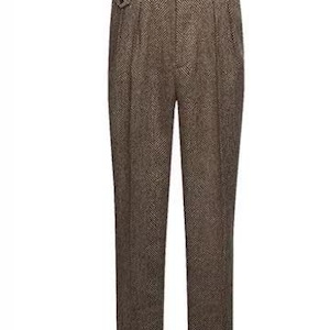 Custom 19th Century High-Waisted Herringbone Tweed Wool Pants, Hidden Clasp Dress Trousers image 8