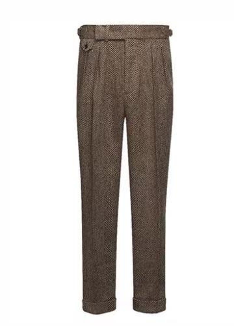 Custom 19th Century High-Waisted Herringbone Tweed Wool Pants, Hidden Clasp Dress Trousers image 8