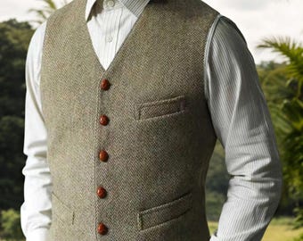 Personalized 1930s Herringbone Tweed Waistcoat, Men's Slim Fit V-Neck Vest, Wedding Attire