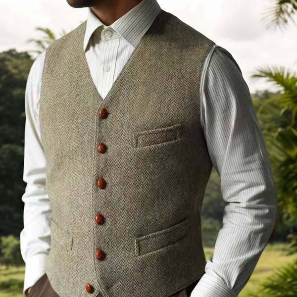 Personalized 1930s Herringbone Tweed Waistcoat, Men's Slim Fit V-Neck Vest, Wedding Attire
