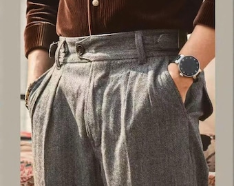 Custom Vintage Heavyweight Men's Tweed Pants – High Waisted Pleated Wool Dress Trousers