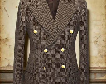 Bespoke Vintage Double-Breasted Suit | Men's 40s Blazer & Trousers Set in Herringbone Wool