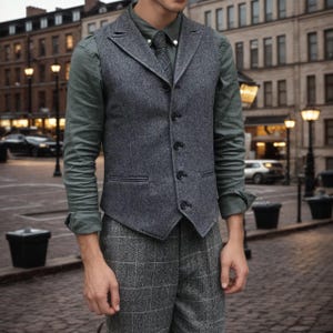 Men&#39;s Slim-Fit Herringbone Tweed Wool Vest - Lapel Collar Button Front Tailored Sleeveless Waistcoat Formal/Casual Wear- Winkle Resistant