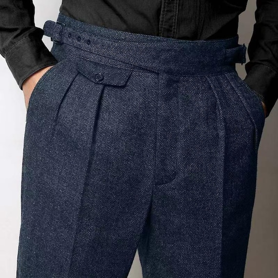 Custom Vintage Gurkha Heavyweight Tweed Herringbone Wool Pants Men, Regular Fit High Waist Military Trousers With Pleats Wrinkle Resistant