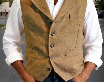 Herringbone Tweed Wolle Weste | Slim Fit Weste | Personalisierte Hochzeits-Weste für Männer