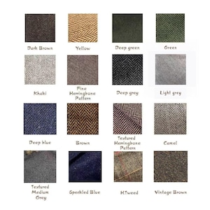 May include: A color chart featuring swatches of fabric in various shades of brown, green, gray, and blue. Each swatch is labeled with its color name, including "Dark Brown," "Yellow," "Deep Green," and "Green."
