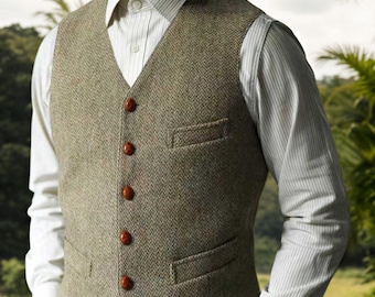 Personalized 1930s Herringbone Tweed Waistcoat, Men's Slim Fit V-Neck Vest, Wedding Attire