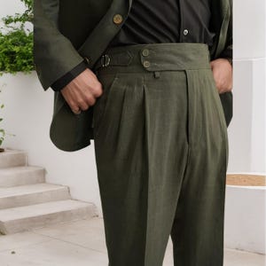 Vintage Gurkha Linen Pants For Men, Regular Fit High Waisted Military Trousers With Pleat Rolled Hem, 1900s Heritage Clothing  6 Colors