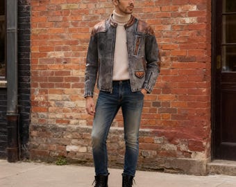 Men’s Vintage Denim Jacket | Tea-Core Cowhide Leather Trim Slim Fit 1930s Style