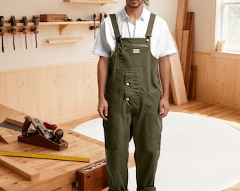 Vintage groene katoenen timmermansoverall – uniseks werkkleding tuinbroek, Franse spoorwegen/Amekaji-stijl